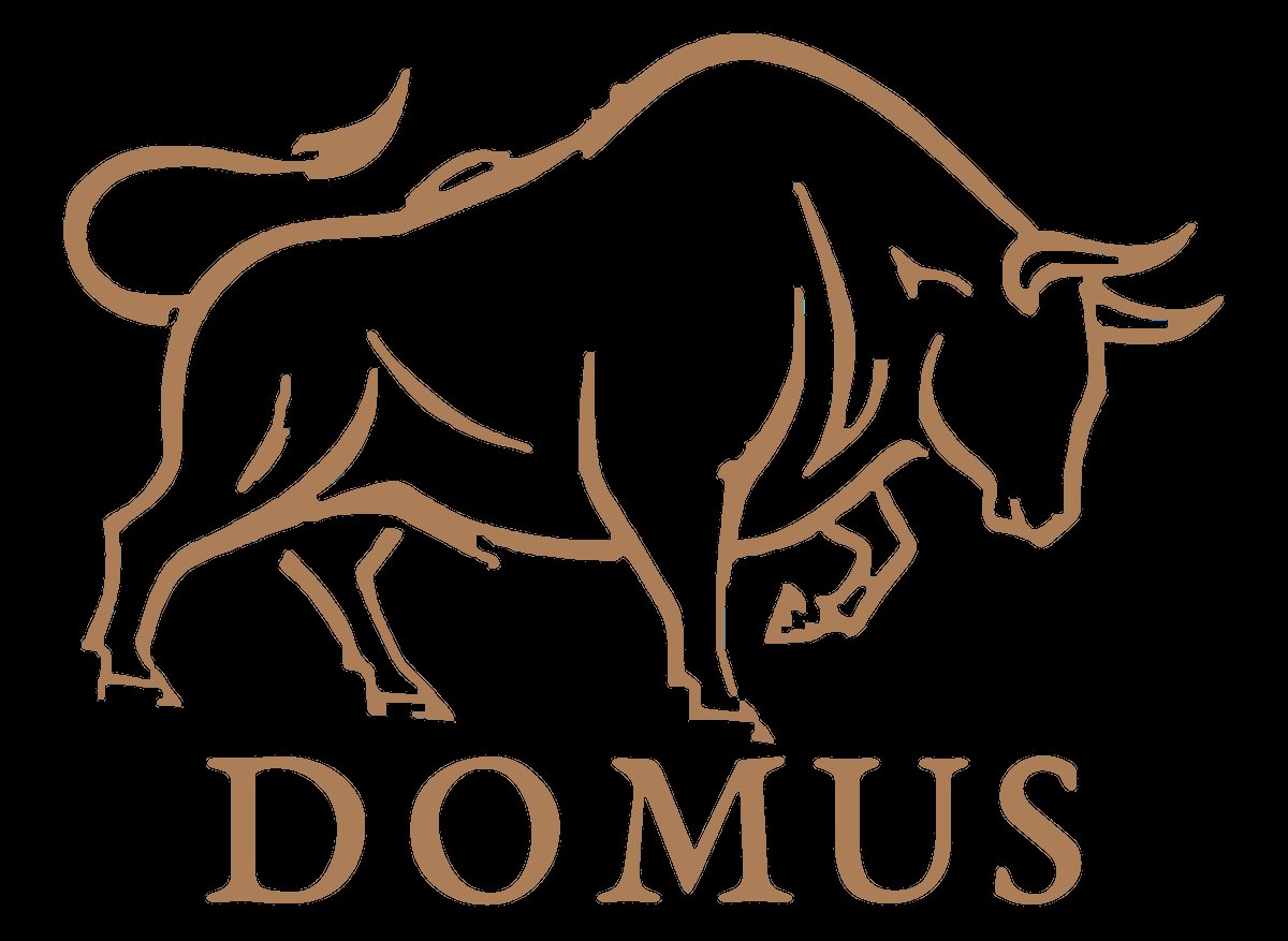 Tan line drawing of a bull with DOMUS text below on black background