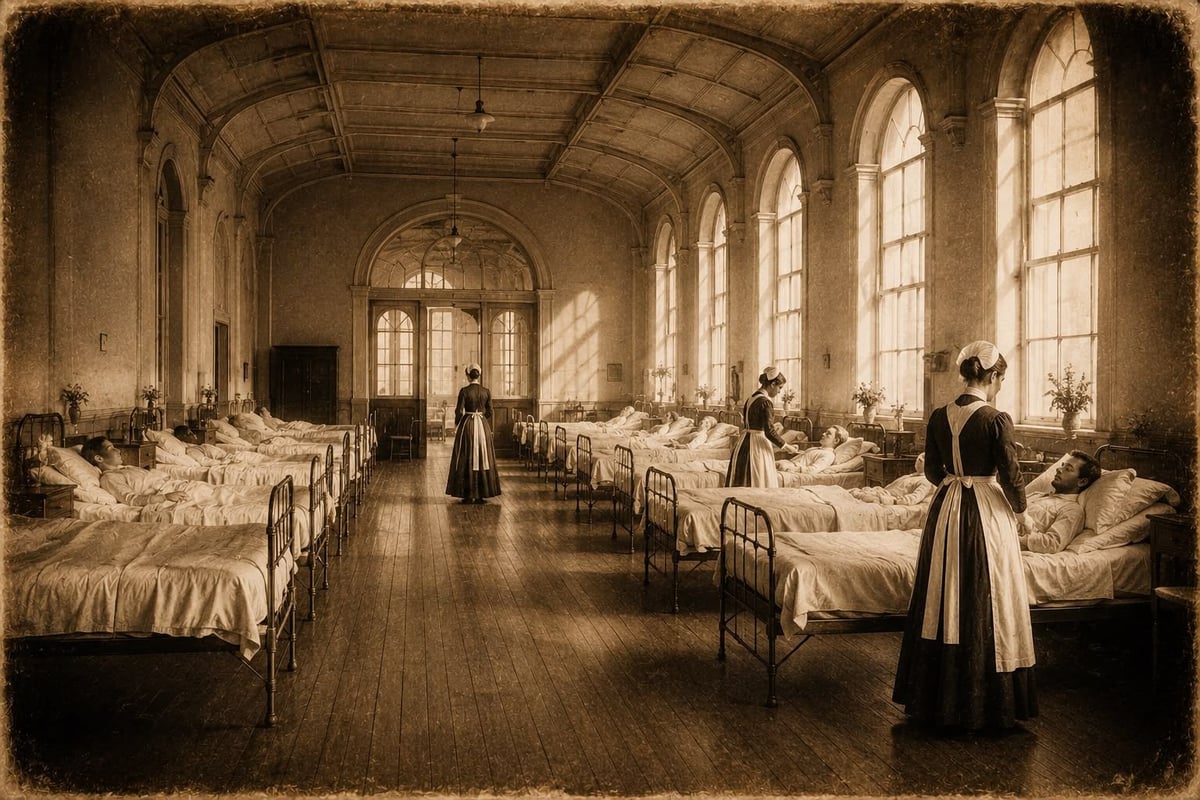 Historic sepia-toned image of a Bristol General Hospital ward with rows of beds, nurses in period uniforms, and tall windows flooding the space with light