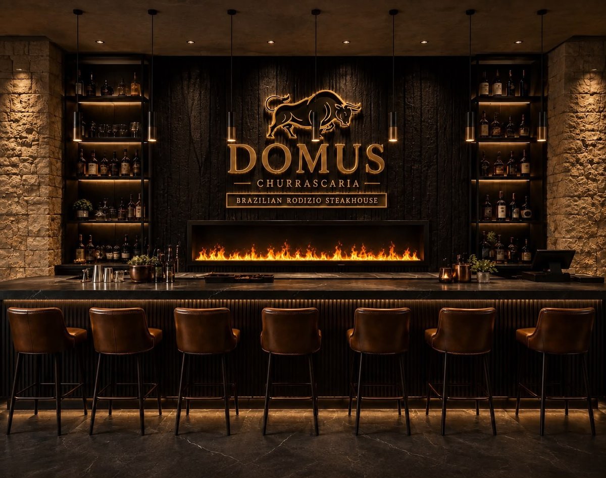 Modern upscale bar with Domus Churrascaria sign, fireplace, leather chairs, and ambient lighting