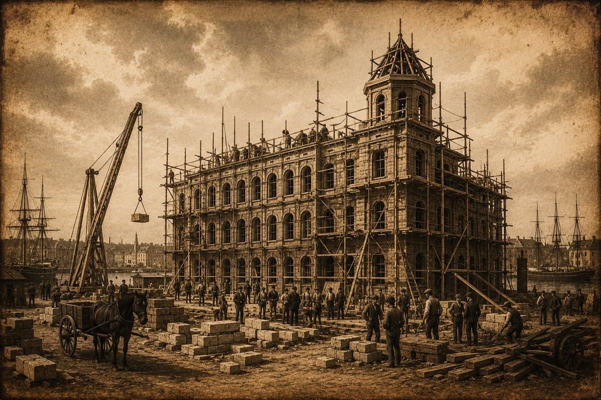Historic sepia-toned illustration of Bristol General Hospital under construction in 1856, with scaffolding and workers in the foreground