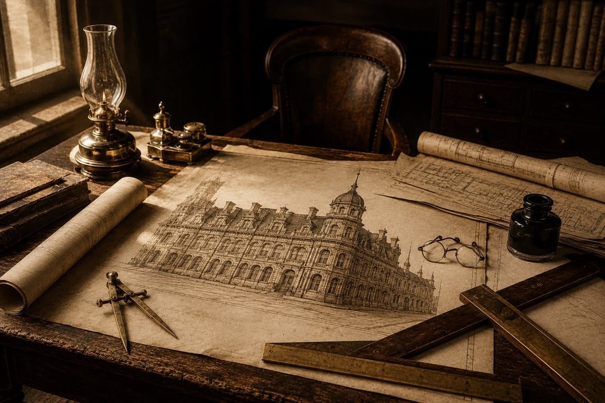 Architect's desk with vintage design drawings, drafting tools, oil lamp, and leather chair in warm candlelight