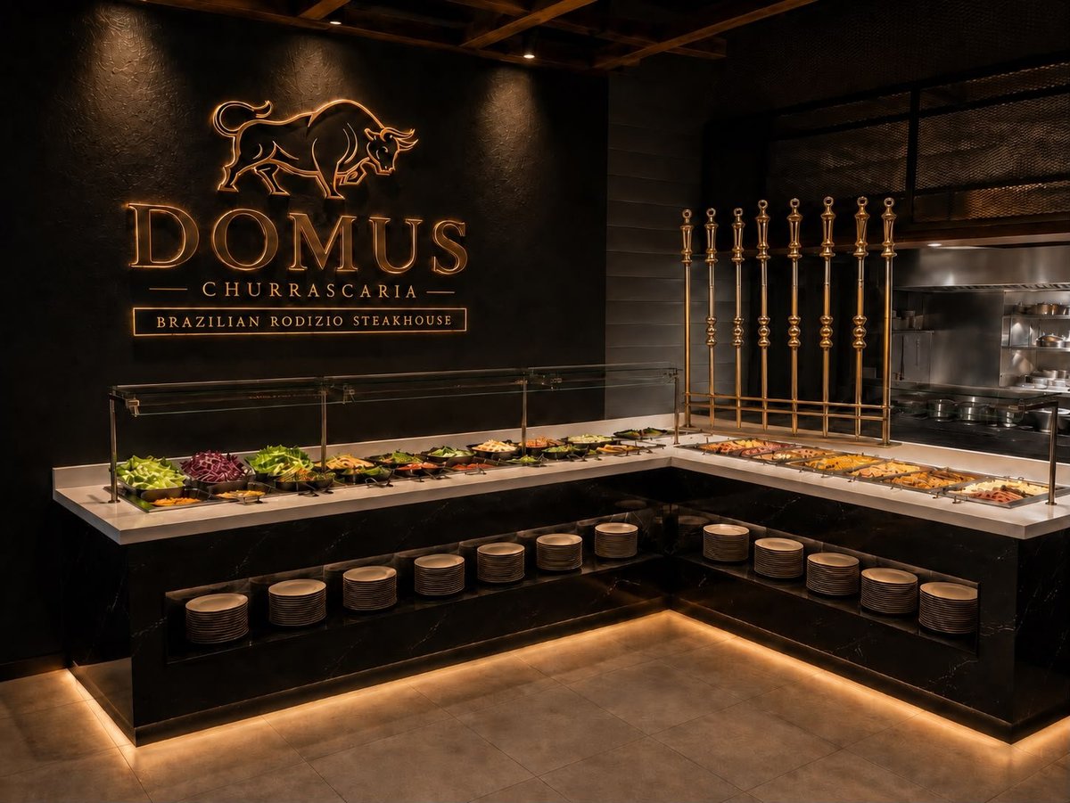 Domus Brazilian steakhouse restaurant display with grilled meats, skewers, and sauce containers on illuminated counters